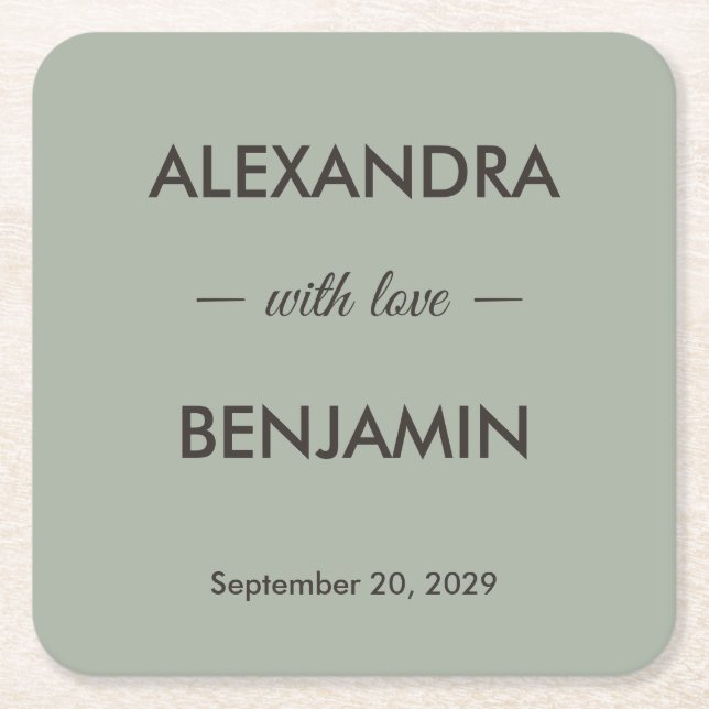 Modern Minimalist Wedding | Sage Green Timeless  Square Paper Coaster (Front)