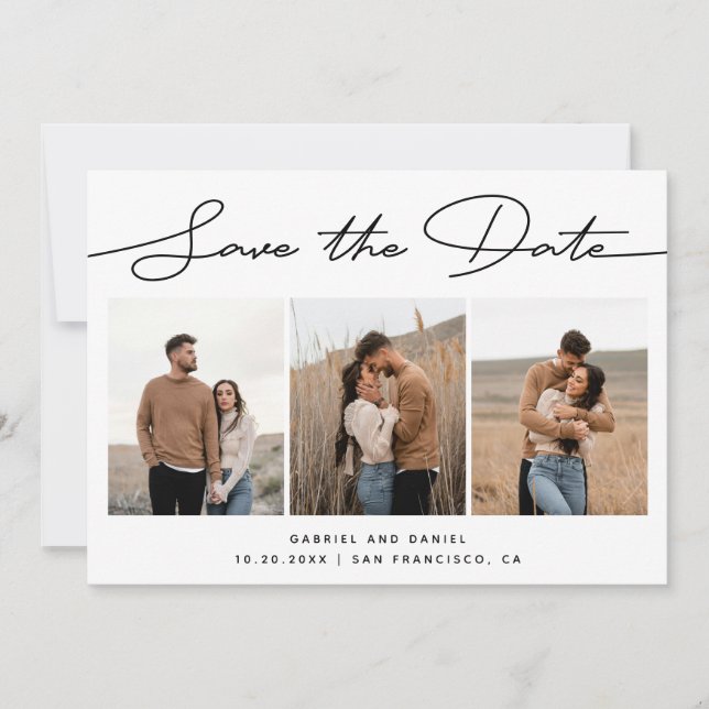 Modern Minimalist Wedding | Script Three Photo Save The Date (Front)