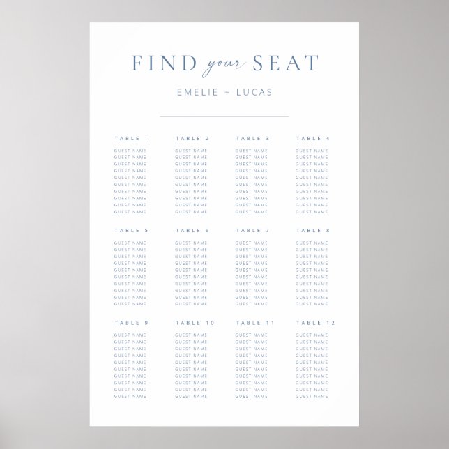 Modern Minimalist Wedding Seating Chart | Blue (Front)