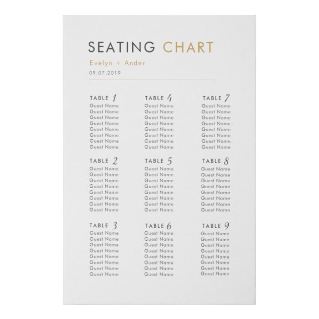 Modern Minimalist Wedding Seating Chart Faux Canvas Print (Front)