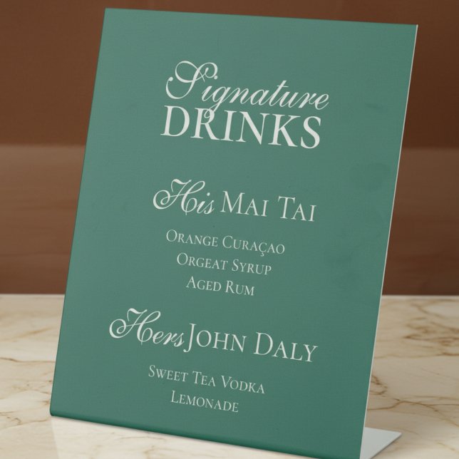 Modern Minimalist Wedding Signature Drinks Pedestal Sign (Add a stylish touch to your bar setup with this Sage Green Signature Drinks Wedding Sign!)