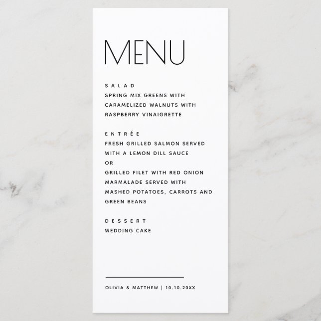 Modern Minimalist Wedding. Simple Clean Typography Menu (Front)