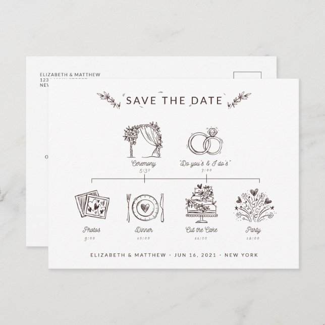 Modern Minimalist Wedding Timeline Save The Date Postcard (Front/Back)