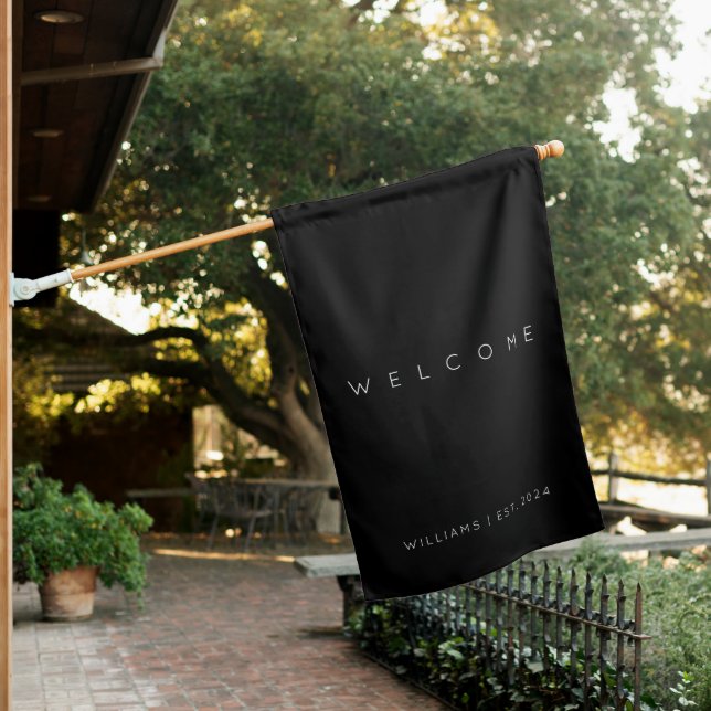 Modern Minimalist Welcome Personalized Black House Flag (In SItu)