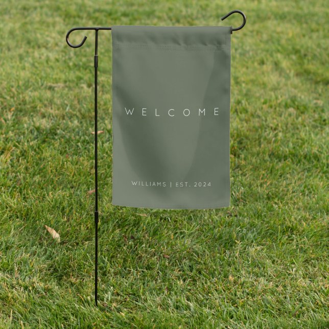Modern Minimalist Welcome Personalized Green Garden Flag (In SItu)
