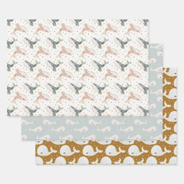 Modern Minimalist Whale Sea Ocean Party Gifts Wrapping Paper Sheets (Set)