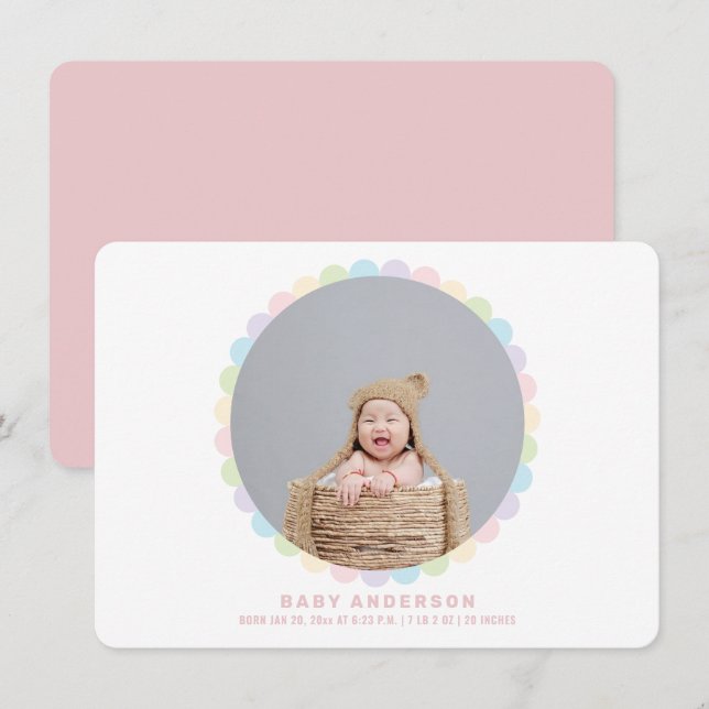 Modern Minimalist Whimsical Baby Girl Photo Birth Announcement (Front/Back)