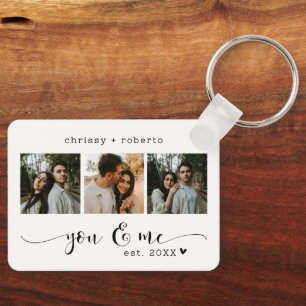 Modern Minimalist White 3 Photo Script Collage Keychain