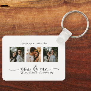 Modern Minimalist White 3 Photo Script Collage Keychain