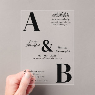 Modern Minimalist White and Black Islamic Wedding Acrylic Invitations