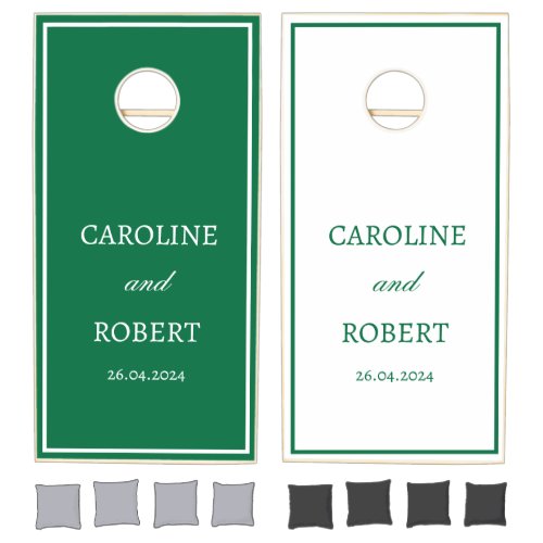 Modern Minimalist White and Bottle Green Wedding Cornhole Set