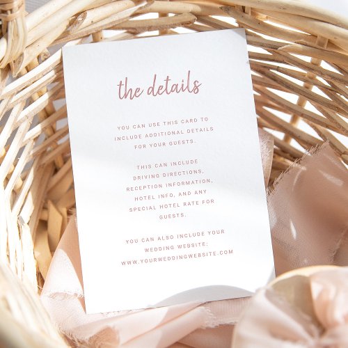 Modern Minimalist White and Dusty Rose   Details Enclosure Card