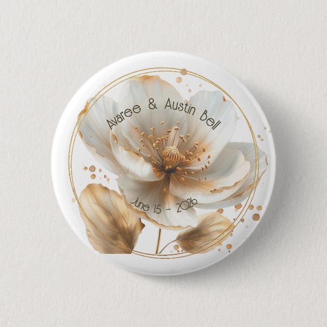 Modern Minimalist White and Gold Wedding Button (Front)