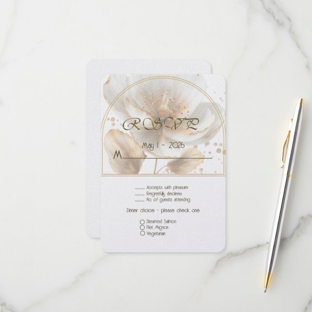 Modern Minimalist White and Gold Wedding RSVP Card (Front/Back In Situ)