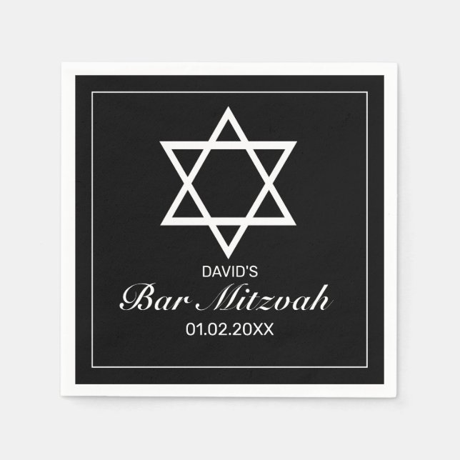 Modern Minimalist White Black Bar Bat Mitzvah Napkins (Front)