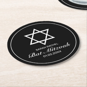 Modern Minimalist White Black Bar Bat Mitzvah Round Paper Coaster