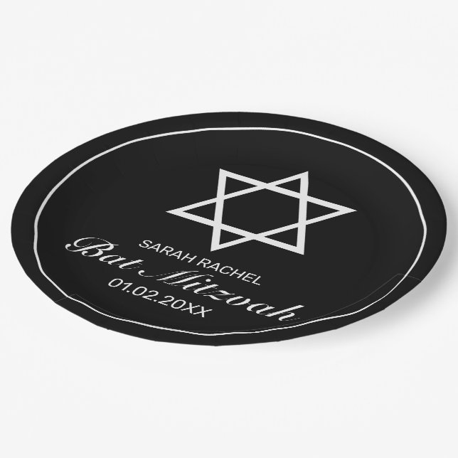 Modern Minimalist White Black Bat Mitzvah Paper Plates (Angled)
