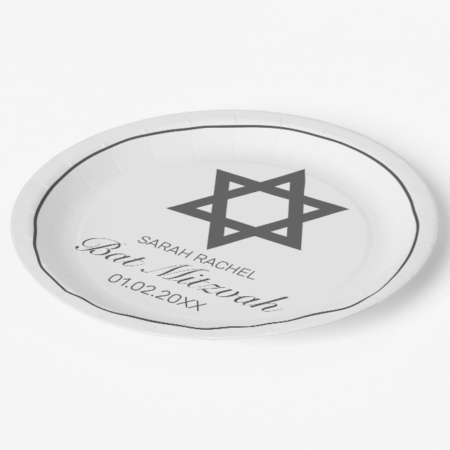 Modern Minimalist White Black Bat Mitzvah Paper Plates (Angled)