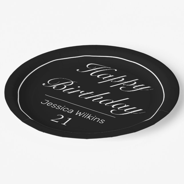 Modern Minimalist White Black Birthday Paper Plates (Angled)