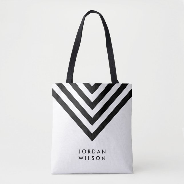 Modern Minimalist White & Black Chevron Geometric Tote Bag (Front)