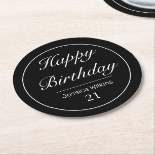 Modern Minimalist White Black Happy Birthday Round Paper Coaster