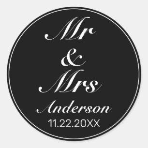 Modern Minimalist White Black MR MRS Wedding Classic Round Sticker
