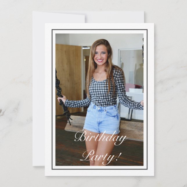 Modern Minimalist White Black Photo Birthday Invitation (Back)