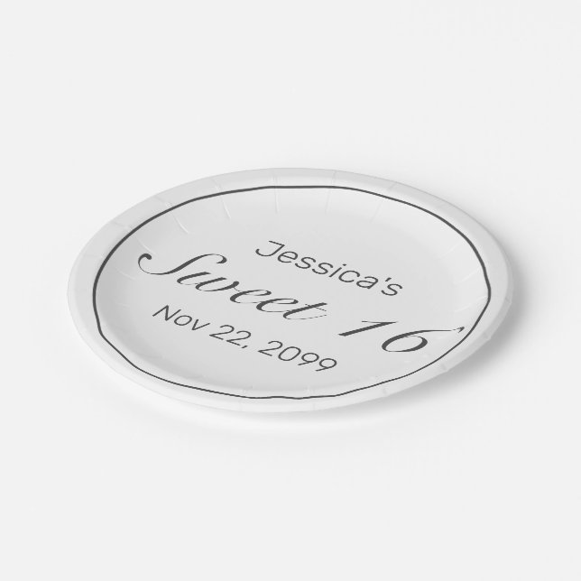 Modern Minimalist White Black Sweet 16 Paper Plates (Angled)
