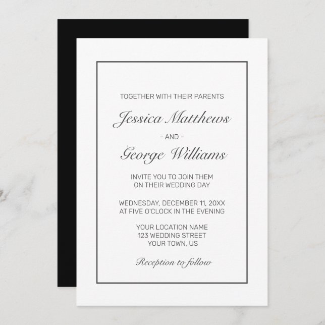 Modern Minimalist White Black Wedding Invitation (Front/Back)
