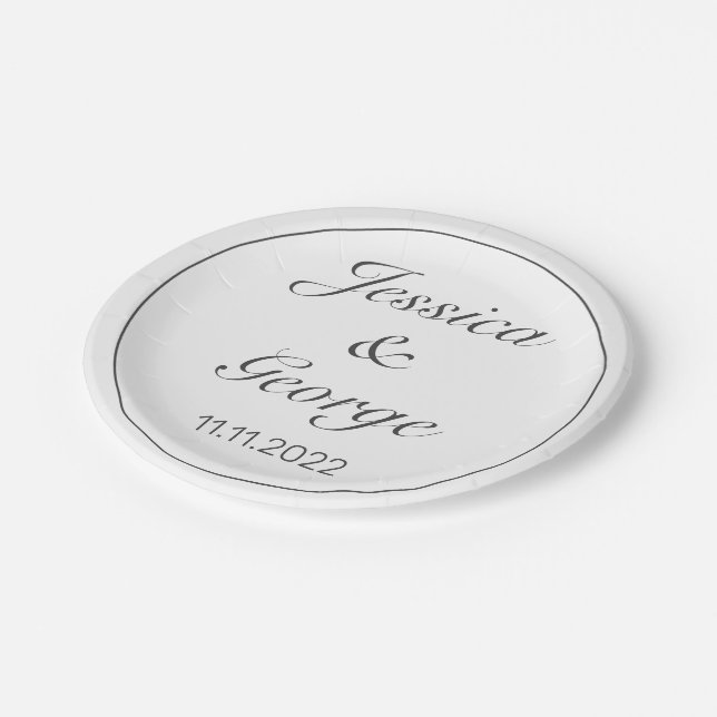 Modern Minimalist White Black Wedding Paper Plates (Angled)