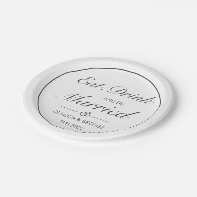Modern Minimalist White Black Wedding Paper Plates (Angled)