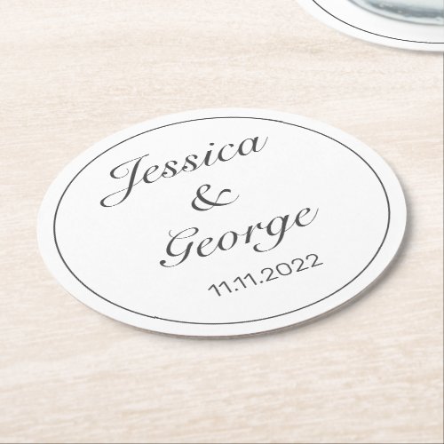 Modern Minimalist White Black Wedding Round Paper Coaster