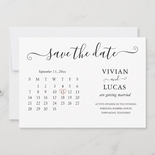 Modern Minimalist White Calendar Budget wedding Invitation (Front)