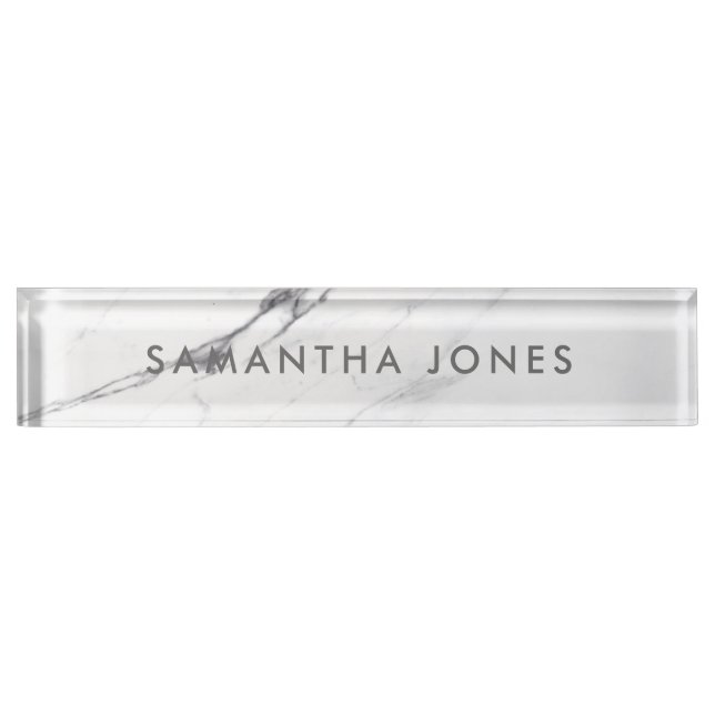 Modern Minimalist White Carrara Marble Desk Name Plate (Front)