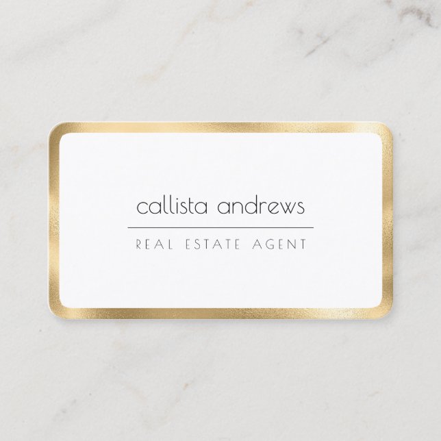 Modern Minimalist White Gold Border Business Card (Front)