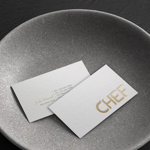 Modern Minimalist White  Gold Embossed Text Chef Business Card