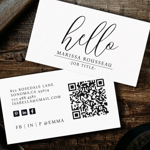 Modern Minimalist White Hello QR Code Business Card