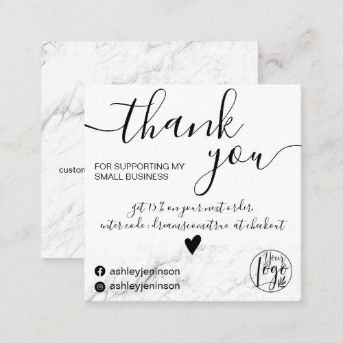 Modern minimalist white marbe order thank you square business card