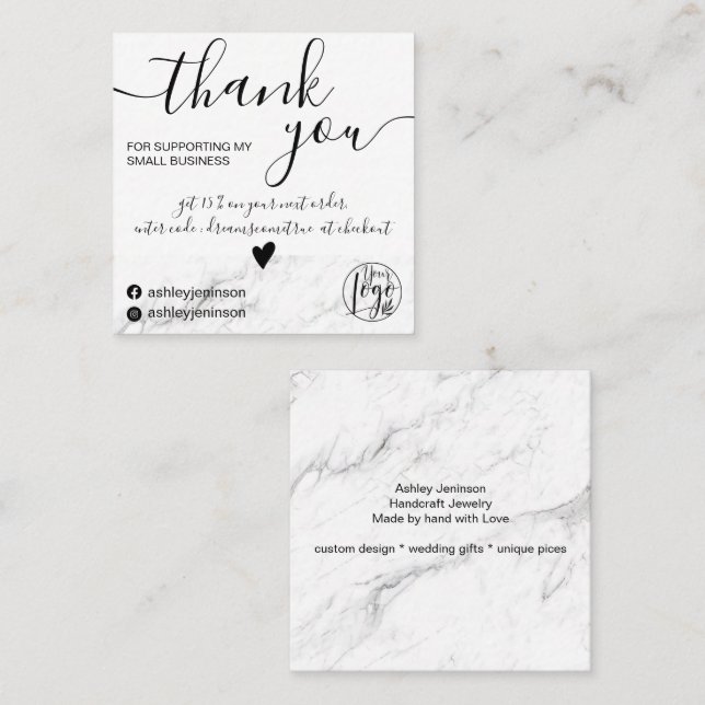 Modern minimalist white marbe order thank you square business card (Front/Back)