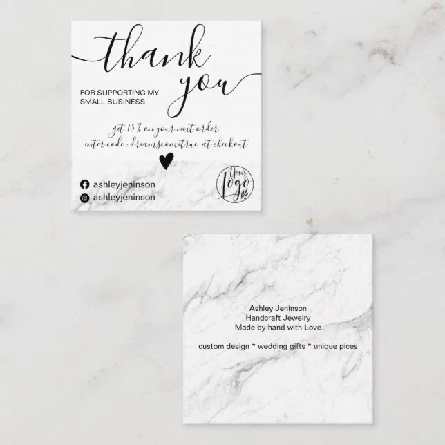 Modern minimalist white marbe order thank you square business card | Zazzle