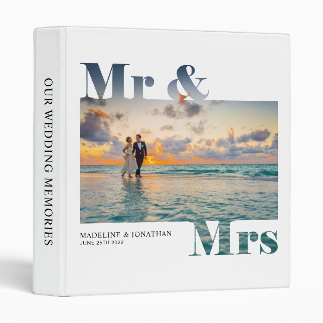 Modern Minimalist White Mr Mrs Photo Wedding 3 Ring Binder (Front/Spine)