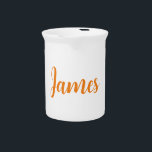 Modern Minimalist White Orange Add Your Name Beverage Pitcher<br><div class="desc">You can change the fonts,  colors,  backgorund with easy to use tool.</div>