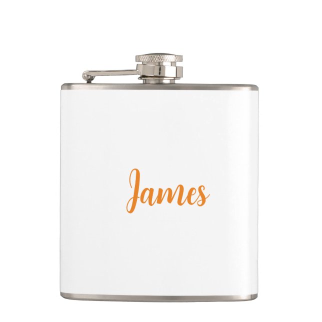 Modern Minimalist White Orange Add Your Name Flask (Front)
