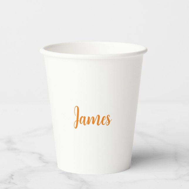 Modern Minimalist White Orange Add Your Name Paper Cups (Front)
