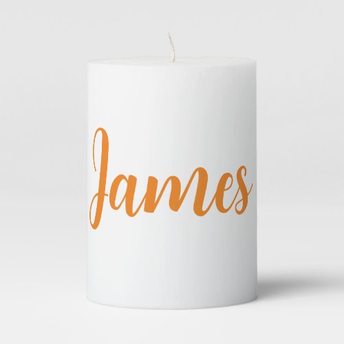 Modern Minimalist White Orange Add Your Name Pillar Candle