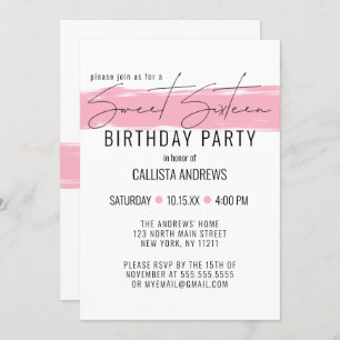 Modern Minimalist White Pink Brushstroke Sweet 16 Invitation