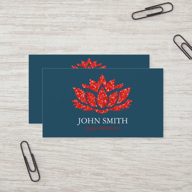 Modern Minimalist White Red Lotus Yoga Instructor Business Card (Front/Back In Situ)