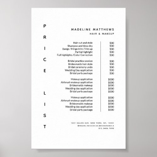 Modern Minimalist White Salon Price List Menu Poster