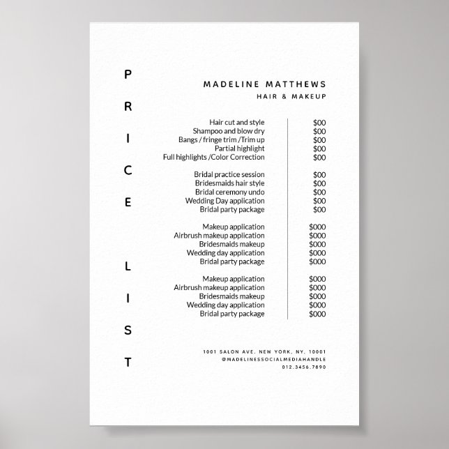 Modern Minimalist White Salon Price List Menu Poster (Front)