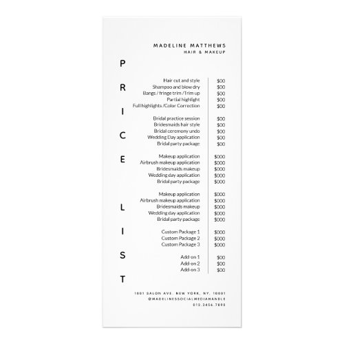 Modern Minimalist White Salon Price List Service Rack Card